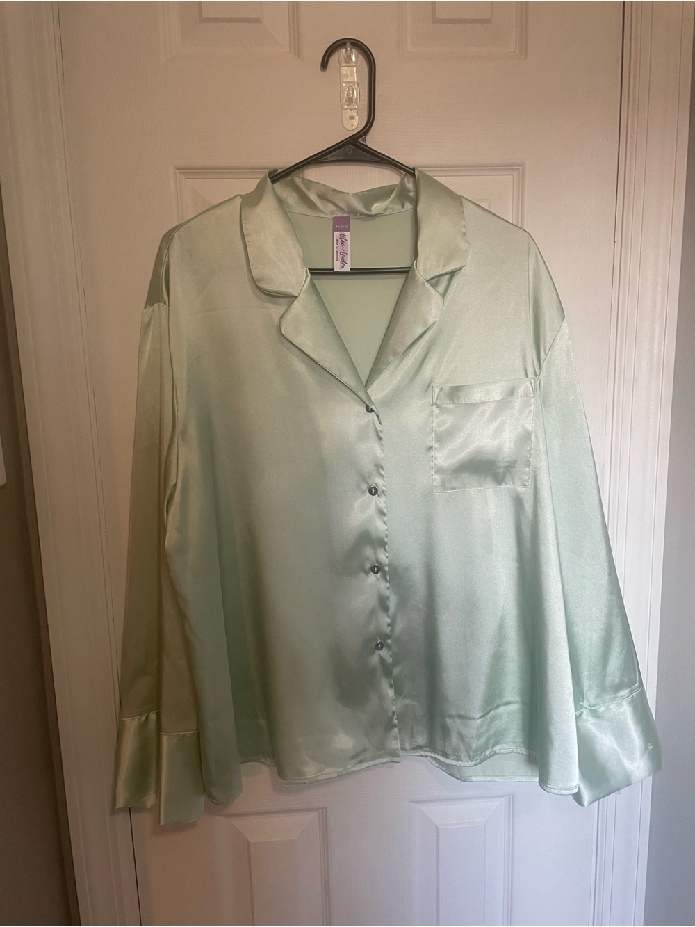 Silky Pale Mint Satin Button-Up Pajama Top